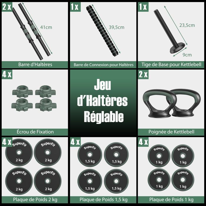 Kit Haltères Réglables 30 Kg Avec Barre Et Kettlebell - Neuf