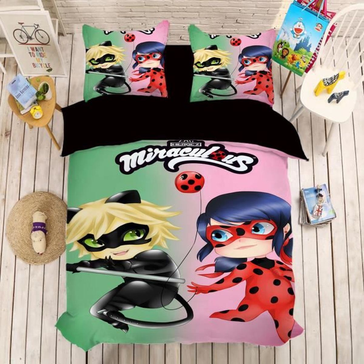 Miraculous Ladybug Et Chat Noir Parure De Lit 3d 1 Personne 1 Housse De Couette 150 0cm 2 Taies D Oreillers 63 63cm Cdiscount Maison