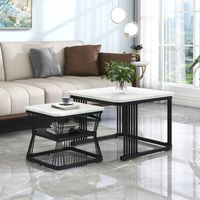 Lot de 2 tables basse gigogne - plateau PVC imitation marbre - tube acier mat - noir - 65x65x45cm/45x45x39,5cm