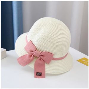 CHAPEAU - BOB chapeau blanc-Chapeau de paille avec sac pour filles, chapeau de plage en plein air, nœud mignon, fête d'été,
