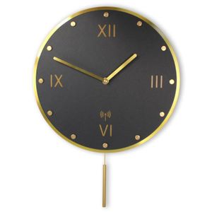 HORLOGE - PENDULE Horloge Murale Design Moderne Sans Vitre - Grands Chiffres Romains - Radiopilotée - Balancier Oscillant 27° - Ø 30cm - Noir et Or
