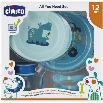 Chicco Coffret Repas 12M+ - Assiette, Bol, Couverts Et Tasse Perfect Cup Bleu Clair