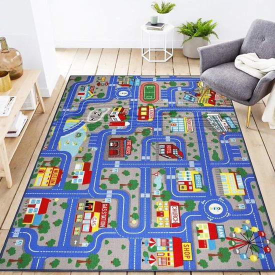 tapis de jeu pour enfants, voiture bleue, route, aire de jeux, tapis, 5'x 6'6, tapis de jeu antidérapant lavable, tapis de course , tapis pour chambre à coucher, salon – maison et