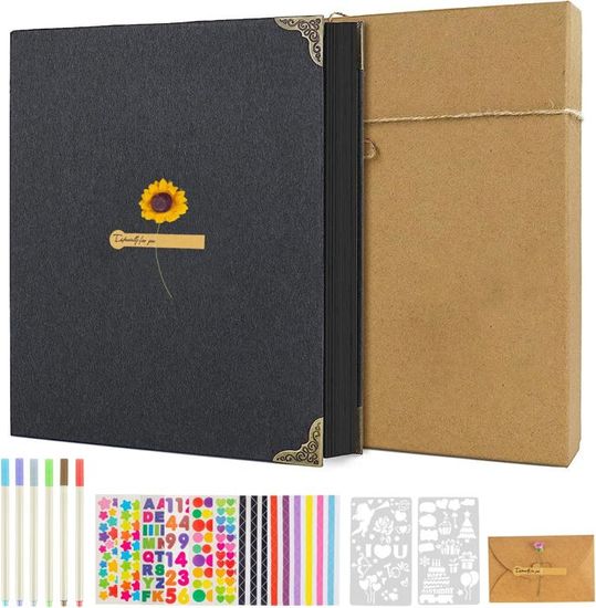 Album Photo Scrapbooking 60 Pages Noir – Kit DIY Complet Avec Accessoires – Idée Cadeau Anniversaire Couple