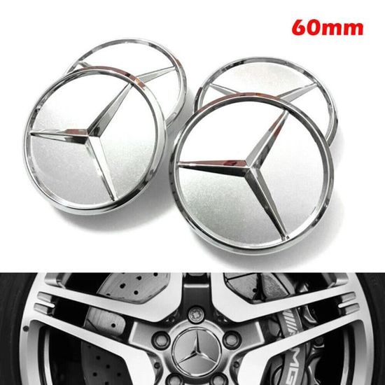 Lot de 4 Cache Moyeu de Roue 60mm Full Silver Modifiés pour Jante Mercedes  - Logo Mercedes Benz