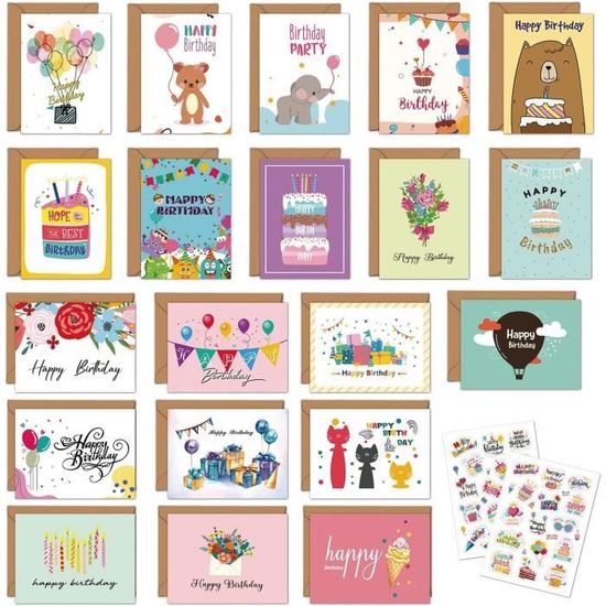 Cartes D'Anniversaire - Lot De 24 Avec Enveloppes - Design Aquarelle (Gâteau, Ballons...) - 15x10 Cm - Qualité Supérieure - 11