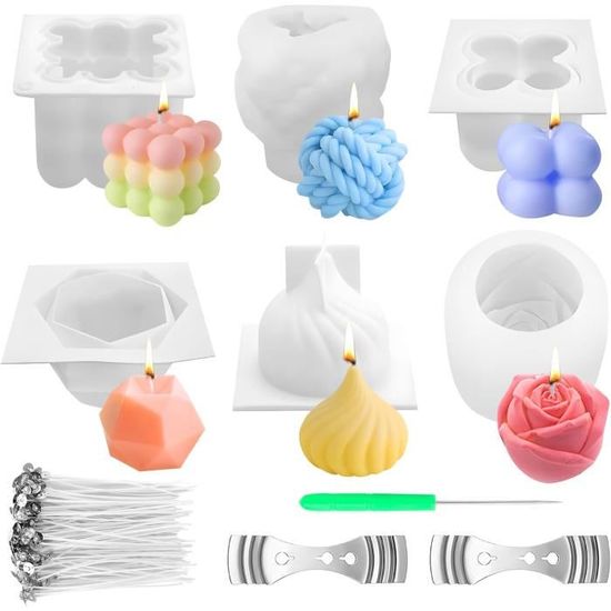 Kit Fabrication Bougies DIY - 6 Moules Silicone + Mèches + Accessoires, Pour Bougies Parfumées, Cadeau Créatif