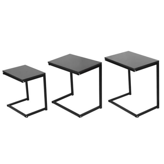 Table d'appoint gigogne industrielle HURRISE - Ensemble de 3 tables basses en bois et métal noir