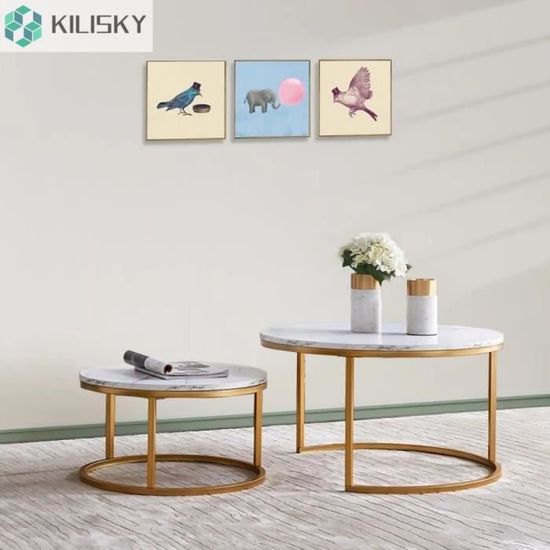 Lot De 2 Tables Gigognes Round - Style Marbre & Pieds Dorés - Parfait Salon, Bureau
