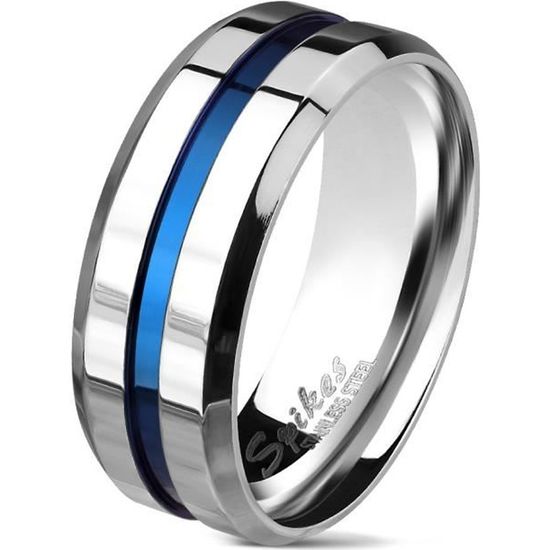 Bague anneau homme acier bicolore rainure fine bande centrale