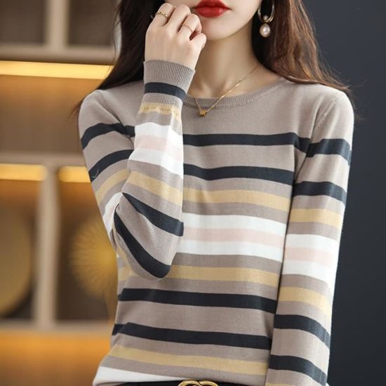 Pull Femme Tricoté Oversize Col Rond Rayé Manches Longues - Pull Chaud Hiver Chic Décontracté Couleurs Bloc