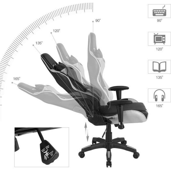 SHE° Chaise de Bureau Chaise Gaming - Fauteuil Gaming en Simili Cuir - Siège Pivotant (Gris) - Hauter Réglable