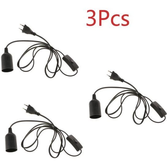 Douille E27 avec fil - Support de lampe pour ampoule avec bague de fixation cordon prise électrique et interrupteur - Câble noir 1.8