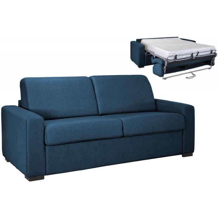 GRETA - Canapé convertible 3 places en tissu bleu denim ouverture express matelas 18 cm