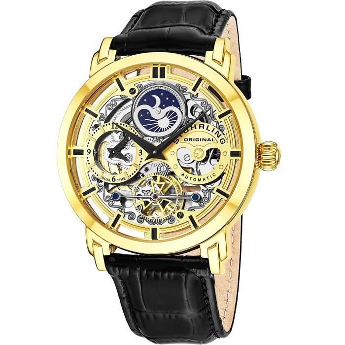 Stuhrling Original Mens Automatic-Self-Wind Luxury Dress Skeleton Dual Time Gold-Tone Wrist-Watch 22 Jewels 47 mm Stainless Steel