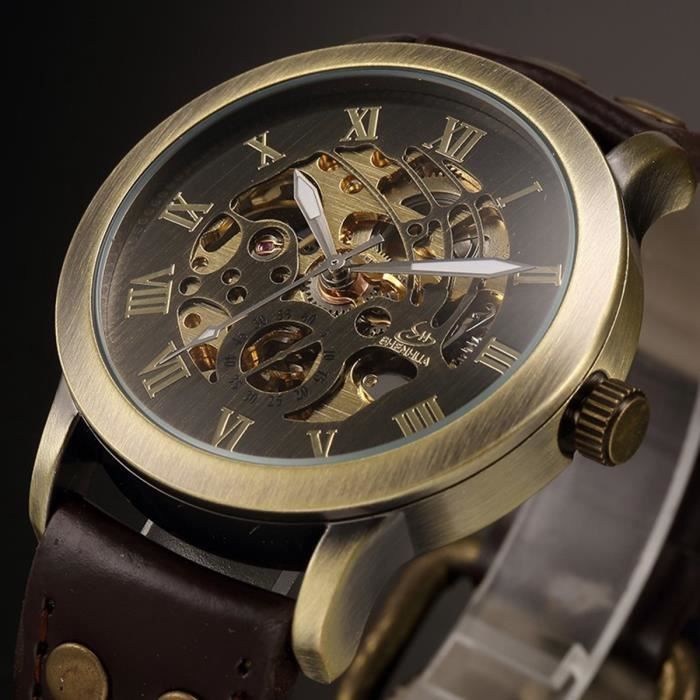 Retro Montres MéCanique Hommes Vintage Skeleton Steampunk Vitesse Cuir Auto Montre Automatique Vent Mens Watch