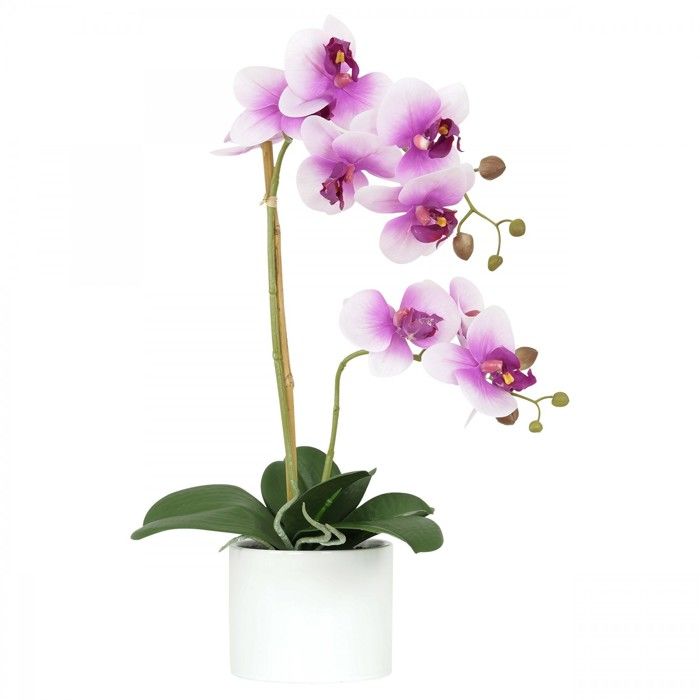 Orchidée fuchsia artificielle pot céramique blanche 58 cm, composition fleurie artificielle, Ligne Déco