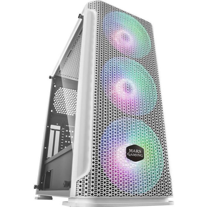 Mars Gaming MCEX - Boîtier Gamer Blanc E-ATX - 3 Ventilateurs RGB 14cm + Front Mesh
