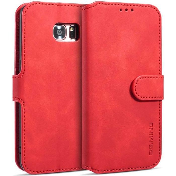 Galaxy S7 Edge Coque à Rabat en Cuir Portefeuille pour Samsung Galaxy S7 Edge-G935F Étui Housse Rétro Flip Cover Wallet Case -Rouge