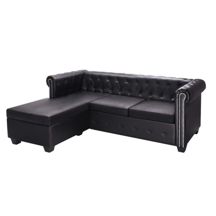 Canapé-lit Sofa Chesterfield en forme de L Cuir synthétique Noir 200 x 140 x 73 cm