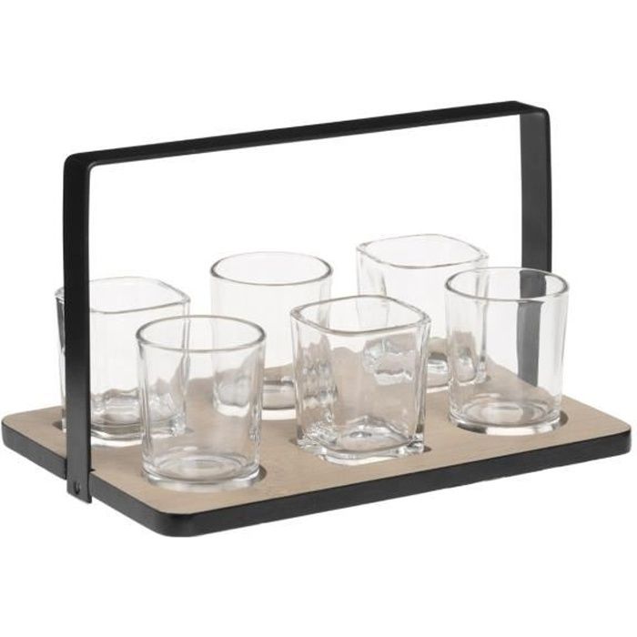 Secret de Gourmet - Set Apéritif 7 Pièces : 1 Plateau en Bambou et 6 Verrines en verre collection Bistrot theory
