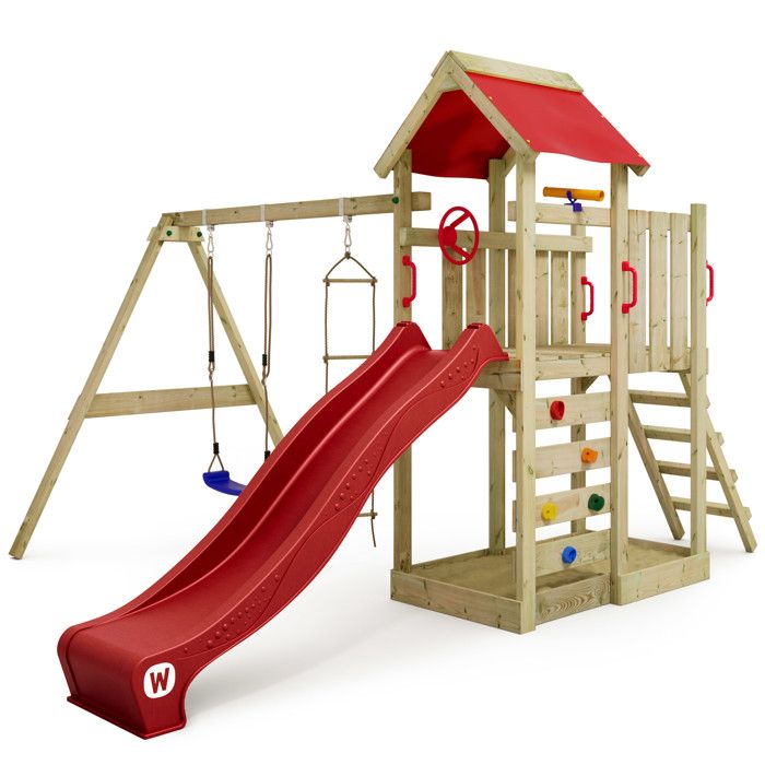 WICKEY Aire de jeux Portique bois MultiFlyer avec balançoire et toboggan rouge Maison enfant extérieure avec bac à sable