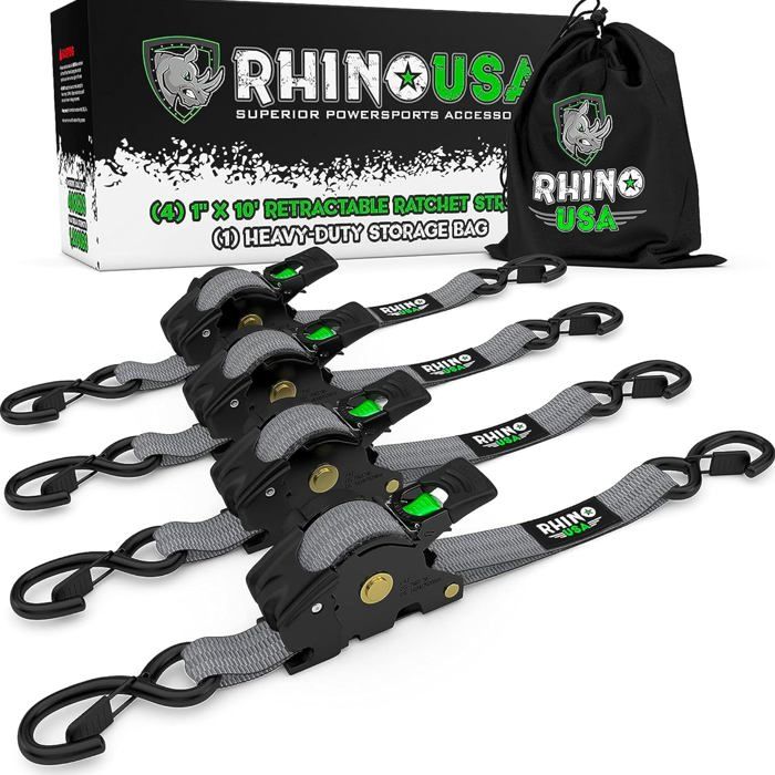 Sangles D'Arrimage à Cliquet Rhino USA - 2.5cm X 3m - Résistance 540kg - Rétraction Automatique - Paquet De 2
