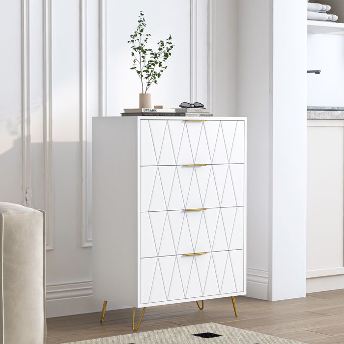 Buffet - 4 tiroirs - Panneau placage blanc - 60x34x90 cm - Style moderne - Rangement pratique
