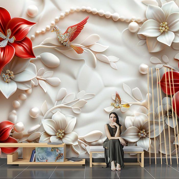 Papier Peint Panoramique 3d En relief Grand Fleur Blanc Grandes Murales ...