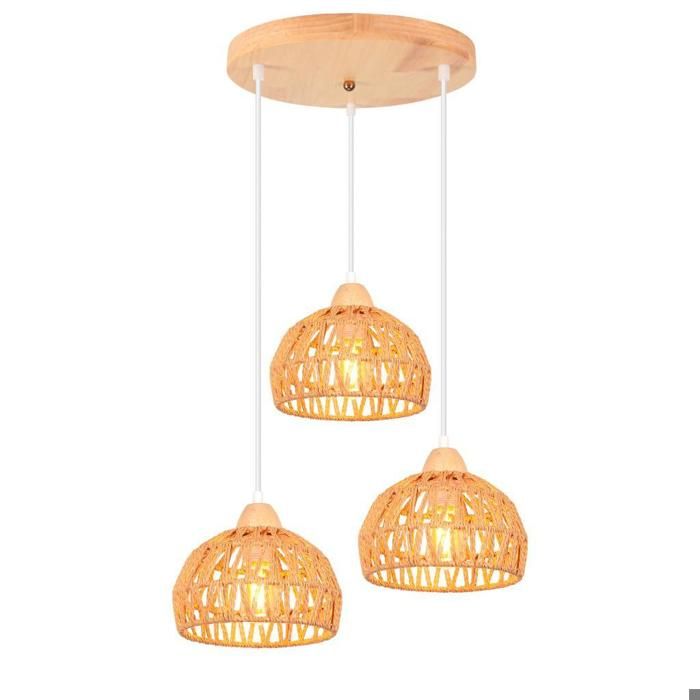iDEGU 3lampes Suspension Luminaire Industriel Lustre Vintage en Bois Rotin Brun Plafonnier en Cage Frome Demi - cercle pour Chambre