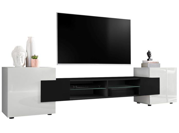 Meuble TV Merano Komodee - sans LED - Blanc Noir Blanc - 230 x 53 x 35 cm