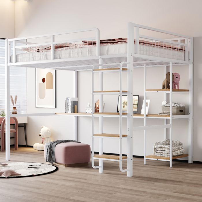 OKWISH Lit Mezzanine Adulte 140×200cm - Échelle de Sécurité avec Marches - Barrière et Sommier Inclus - Métal Blanc