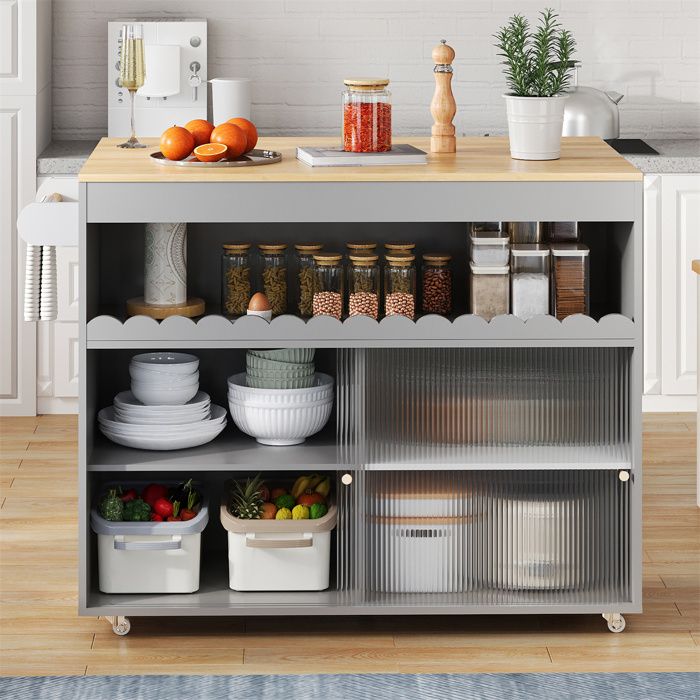 Meuble Cuisine avec Plan de Travail Ilot Central Cuisine avec RangementPorte Coulissante Verreétagère RéglableGris122×46×91cm