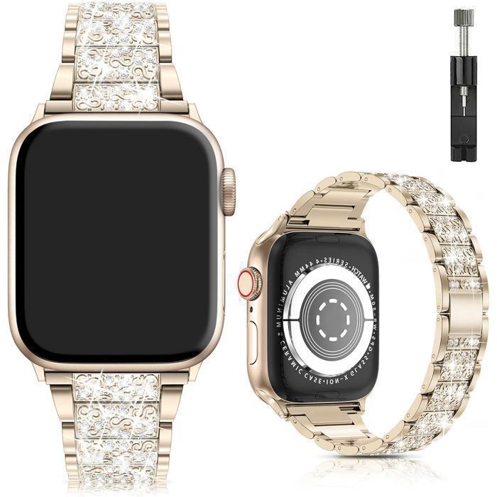 Stravo Bracelet montre métal bijou Luxury Diamond Apple Watch 40/41/42mm Series 4-12 SE 1-3 – Réglable – Doré vieilli