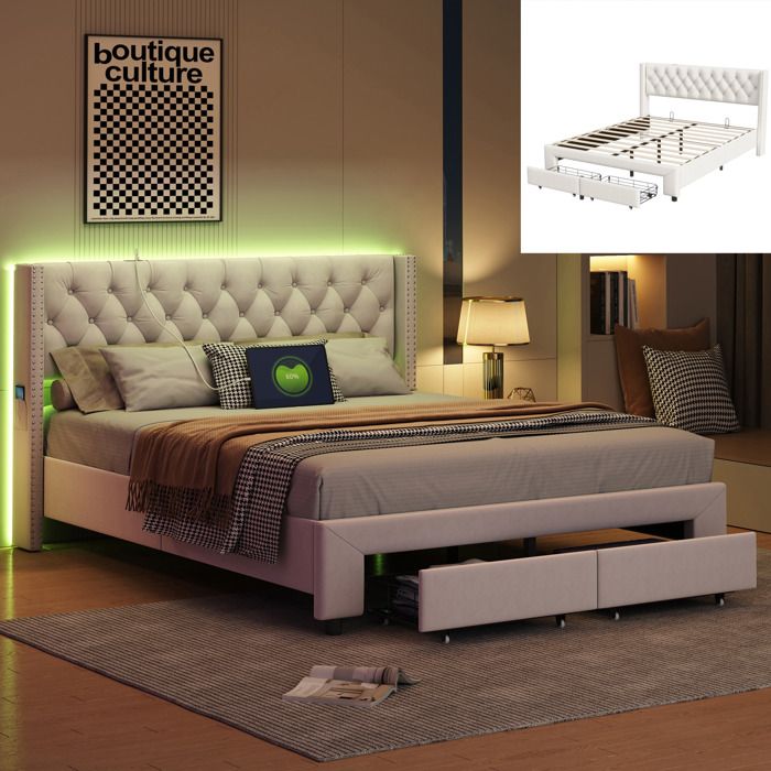 Lit King 180x200cm avec 2 tiroirs Lit coffre Lit rembourré Lit double Lit 2 Personnes sommier à Lattes USB LED Velours