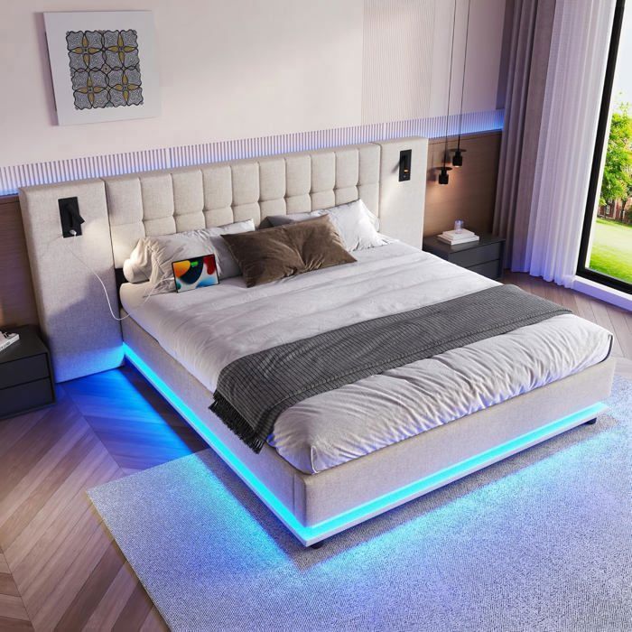 Lemonbest Lit Double rembourré 180x200 cm avec Bande Lumineuse LED Multicolore et USB tête de lit avec spot sans matelas - Beige