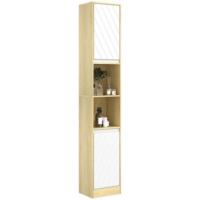 Meuble colonne rangement salle de bain - HOMCOM - style cosy - 2 portes étagère 2 niches - 30 x 24 x 170 cm - chêne clair blanc
