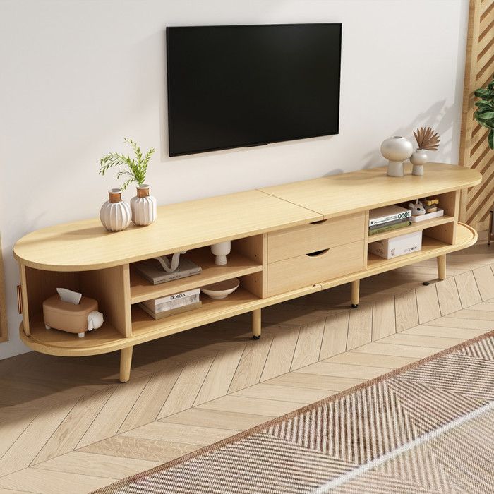 Meuble TV - avec rangement + plateau rond MDF grain de bois 2 tiroirs - capacité de charge 30kg Taille 175 x 40 x 42cm