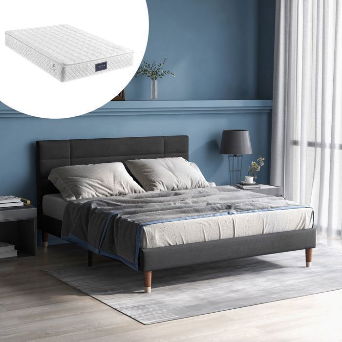 Lit double capitonné - SOGEU - Contemporain - 140x200 cm - Matelas 7 zones inclus - Rangement 17 cm