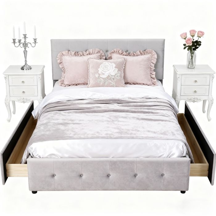 Lit 140 x 200 cm - Lit double - Lit gigogne - Avec tiroirs - Lit ado - Gris