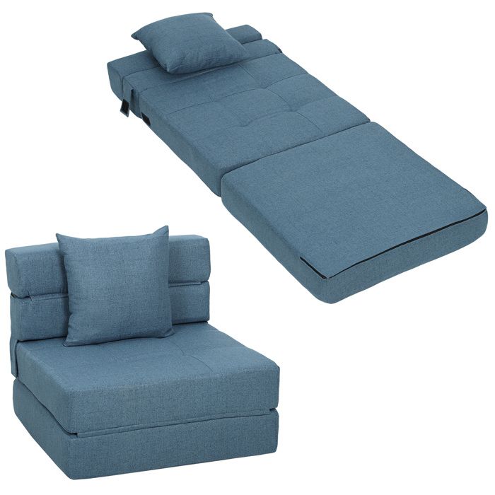 Chauffeuse canapé-lit HOMCOM convertible fauteuil 1 place avec 1 coussin déhoussable tissu bleu foncé