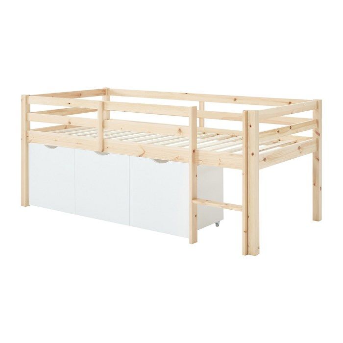 Lit mi-hauteur 90 x 190 cm avec rangement - Pin et MDF - Coloris : Naturel et blanc - LANIORI