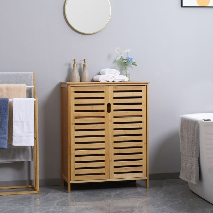 Meuble salle de bain en bambou armoire salle de bain sur pied avec double porte à lattes 68 x 32 x 86 cm naturel