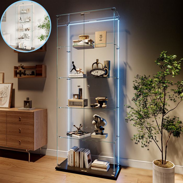 Vitrine en Verre Vitrine pour Collection avec Bande LED - 5 Étagères et 2 Porte Verre Trempé Transparent vitrine sur Pied Noir