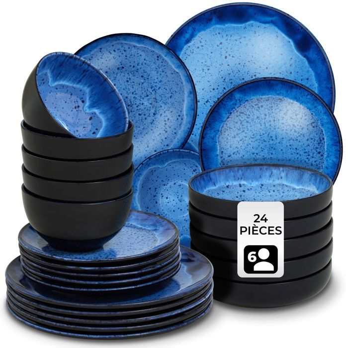 Service - TECTAKE - Set de vaisselle MARE 24 pièces en faïence émaillée 6 personnes fait main compatible lave-vaisselle - Bleu