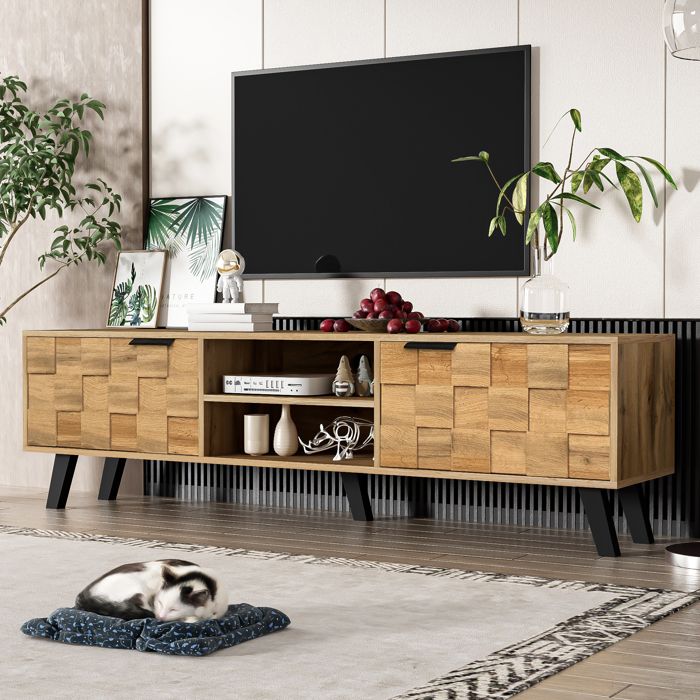 Meuble TV bas en Bois avec 2 portes et 2 compartiments ouverts Meuble Télé de 160.5 x 35.5 x 45cm - Style Rétro pour salon Brun Meuble TV bas en Bois avec 2 portes et 2 compartiments ouverts Meuble Télé de 160.5 x 35.5 x 45cm - Style Rétro pour salon Brun