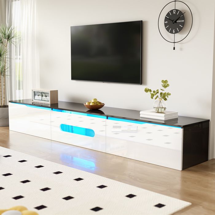 OKWISH Meuble TV Design 180x35x30 cm - Avec LED 3 Portes Rabattables - Blanc