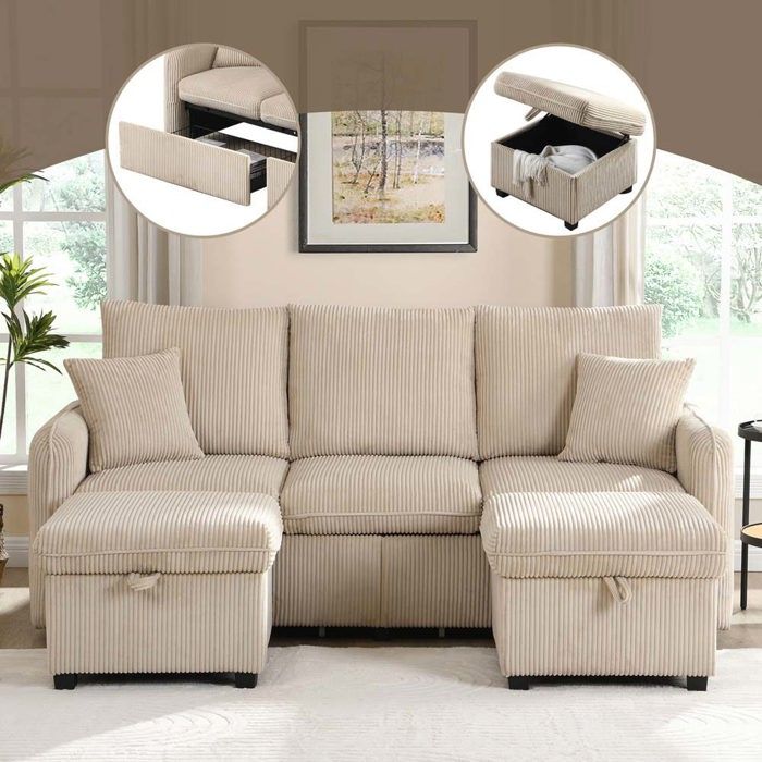Canapé dangle 3 places - Modulable en U convertible - Rangement tiroirs & poufs - Velours côtelé beige - Couchage