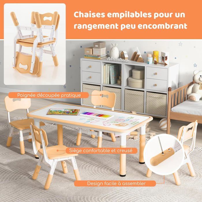 GIANTEX Table Enfant avec 4 Chaises-Hauteur Réglable avec Plateau à Graffitis-Table de Dessin pour Enfant 2 Ans+ Charge 50KG Naturel