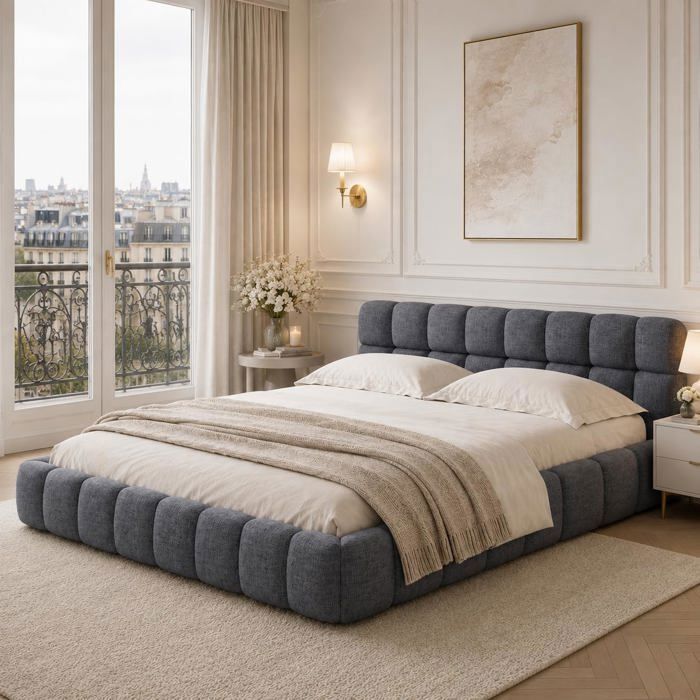 Plcnn Lit Double 140x190cm Gris Lin Cadre de Lit Moderne Rembourré Supporte 300kg Sommier à Lattes Inclus sans Matelas